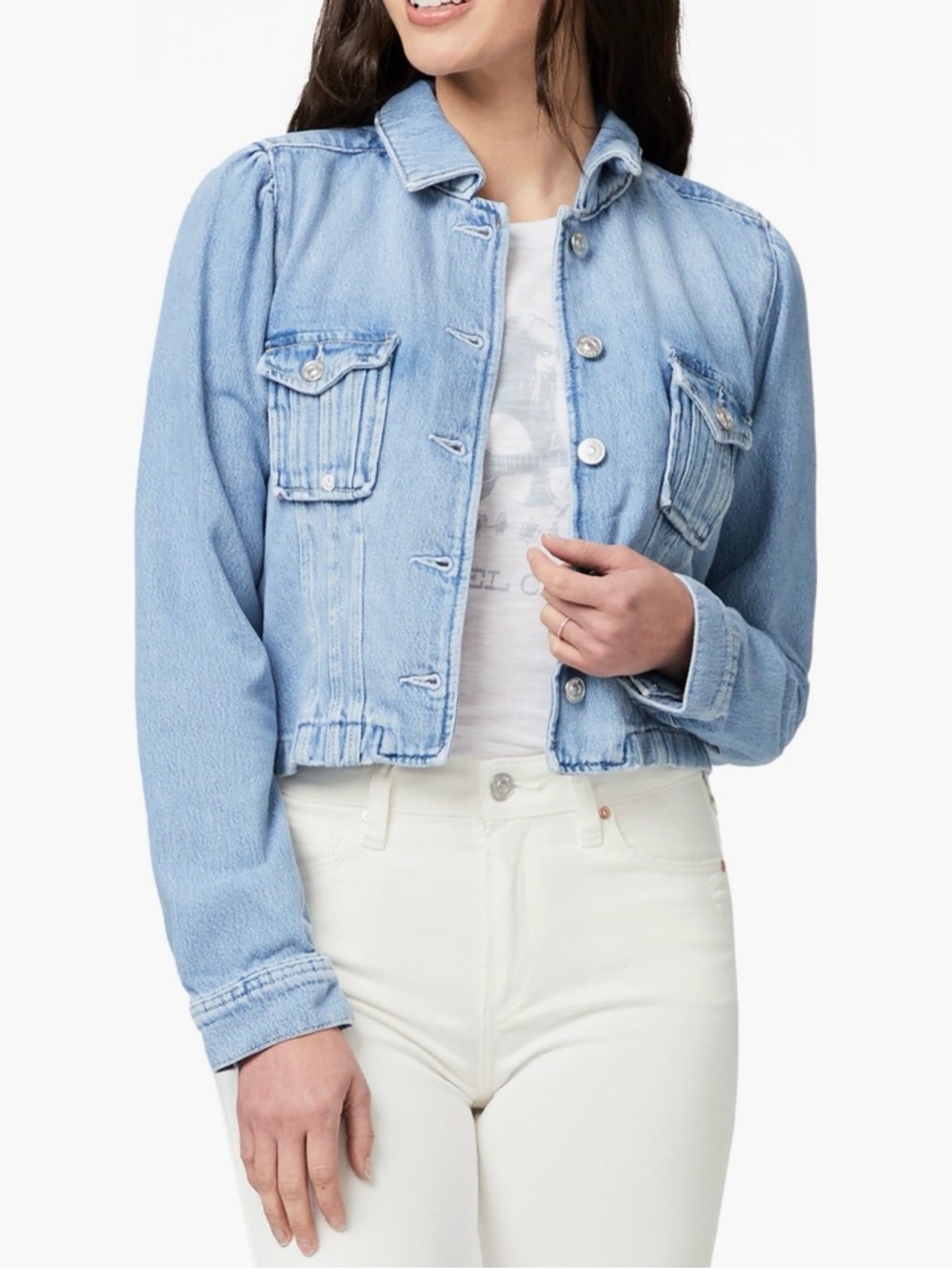 NWOT PAIGE Pacey Cropped Denim Jean Jacket Hyland Wash Puff Sleeve Womens XS